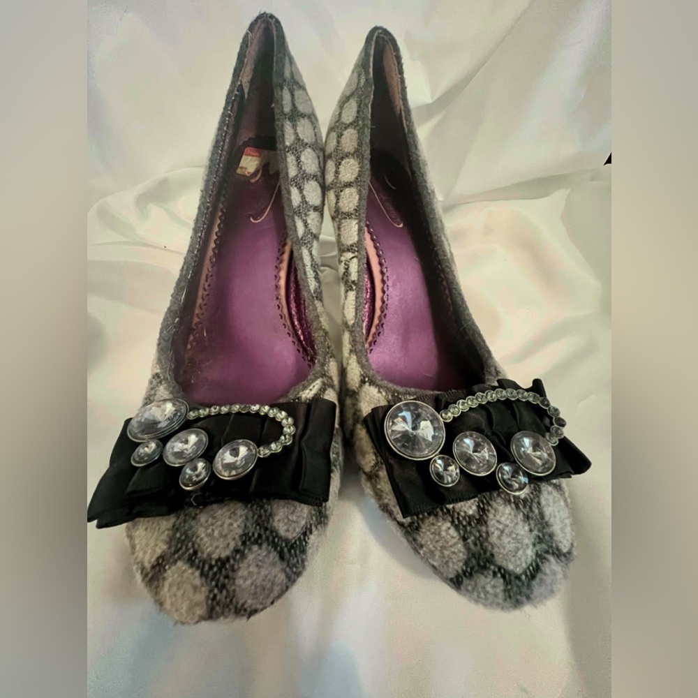 Poetic License Gray Plaid Heels with Black Bow and Crystal Accents